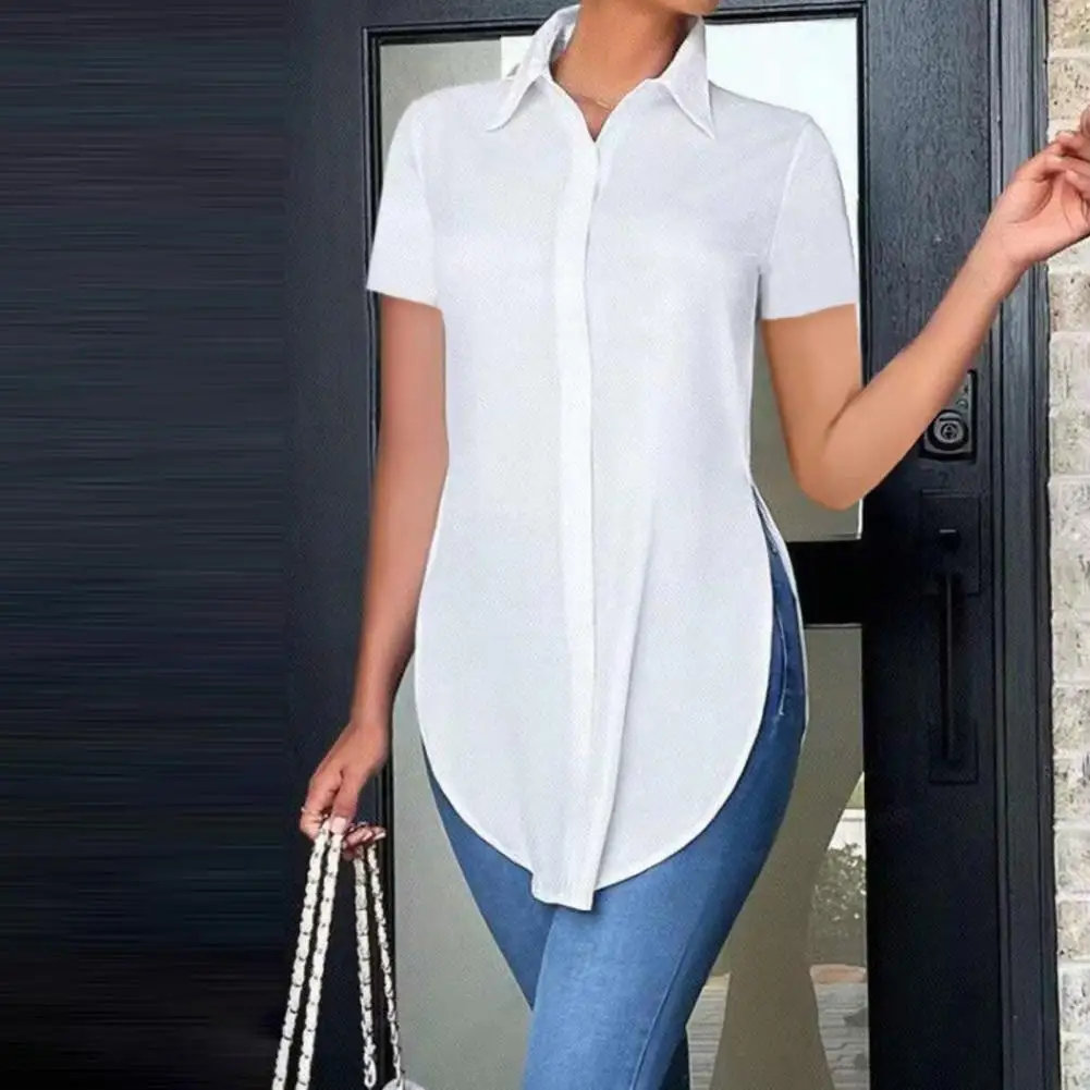 Women Summer Shirt Solid Color Side Split Hem Mid-length Women's Shirt Stylish Lapel Short Sleeve Single Breasted Top For Summer