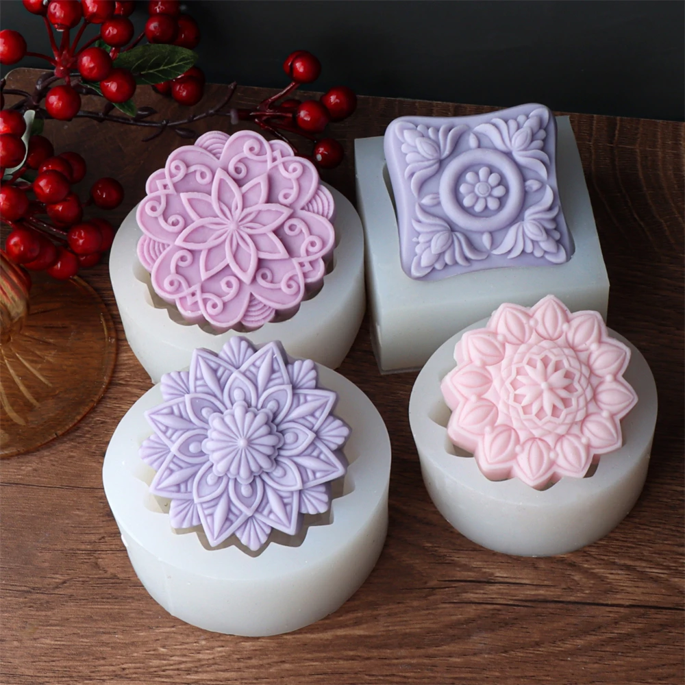 Silicone Mold Baking Mold Soap Molds 3D Circular Flower Soap Silicone Mold Classic Patterns Round Flower Soap Candle Resin Making Tool DIY Handmade Gift
