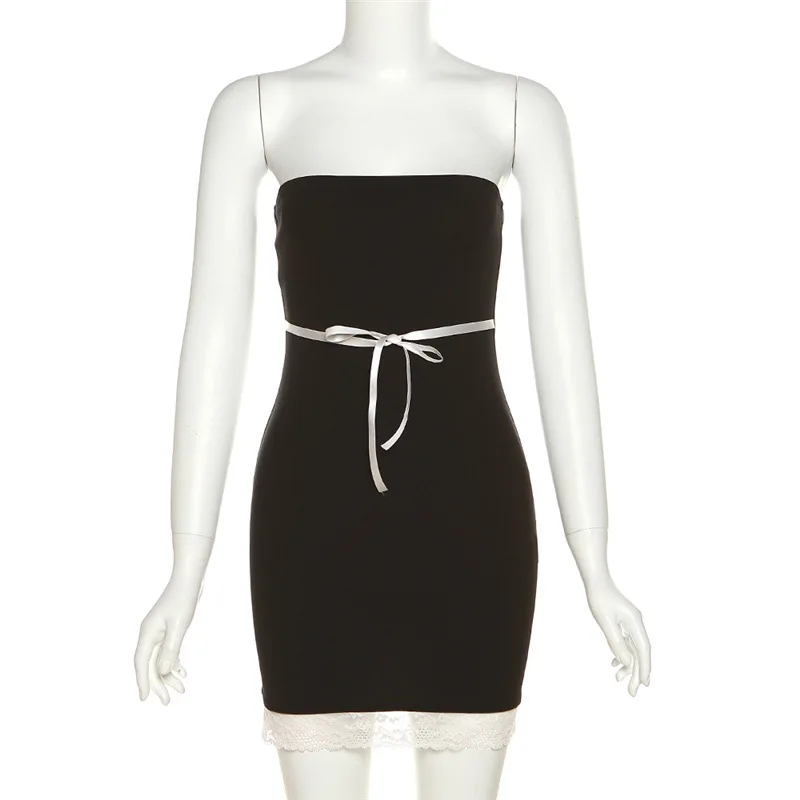 Nibber Solid Black Lace Patchwork Mini Dress For Women 2023 Summer Hipster Shiny Wrapped Chest Body-shaping Midnight Partywear