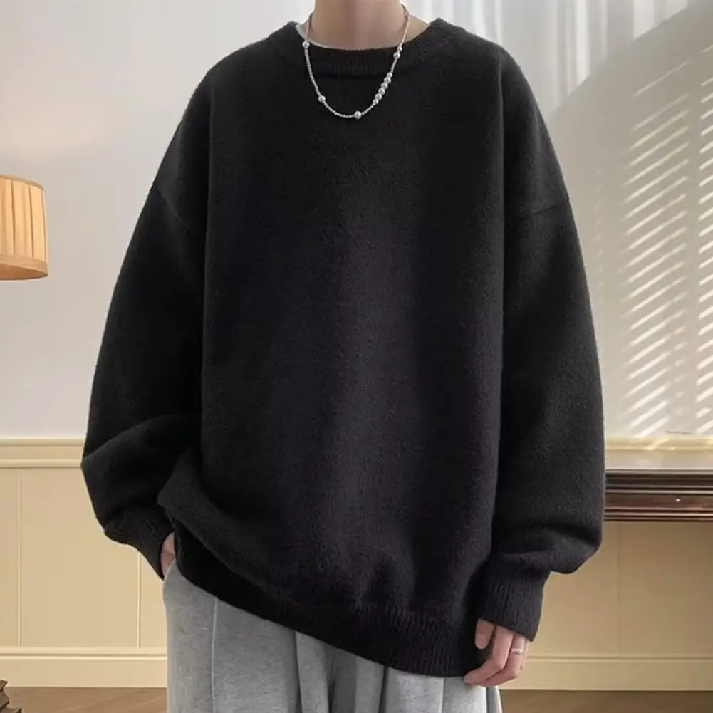 Description Picture 6 of itemCasual Loose Fit Sweater Men's Solid Color Round Neck Sweater with Elastic Cuff Thick Soft Pullover for Fall Spring Casual Loose