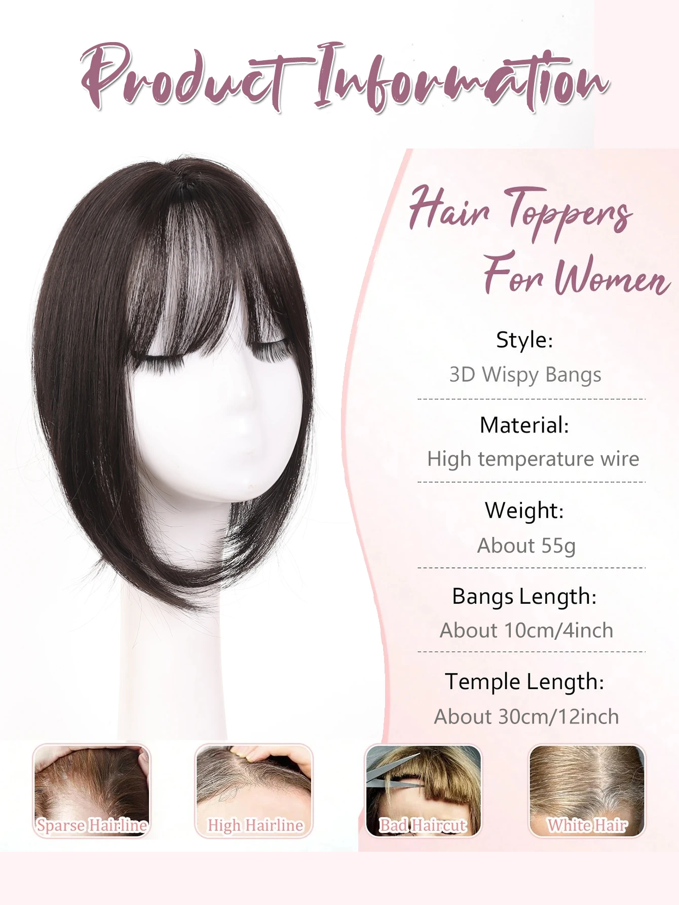 Synthetic Hair Toppers for Women with Bangs and Thinning Hair