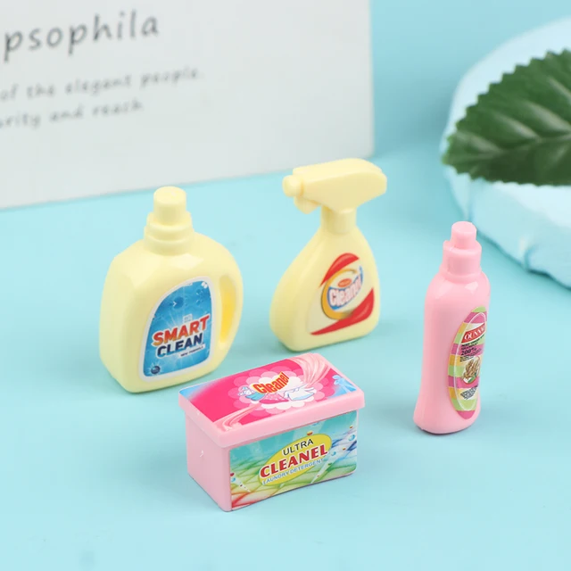 4Pcs/Set 1:12 Dollhouse Miniature Cleaning Set Laundry Detergent Soap Household Washing Kit Pretend Play Doll House Accessories 2