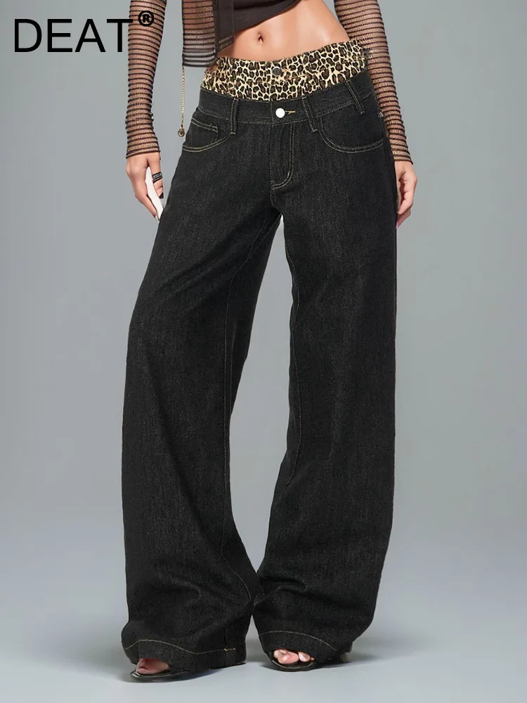 

DEAT Trendy Women's Patchwork Leopard Straight Jeans 2024 Summer Fashion New High Waist Wide Leg Denim Pants Female 11XX9217