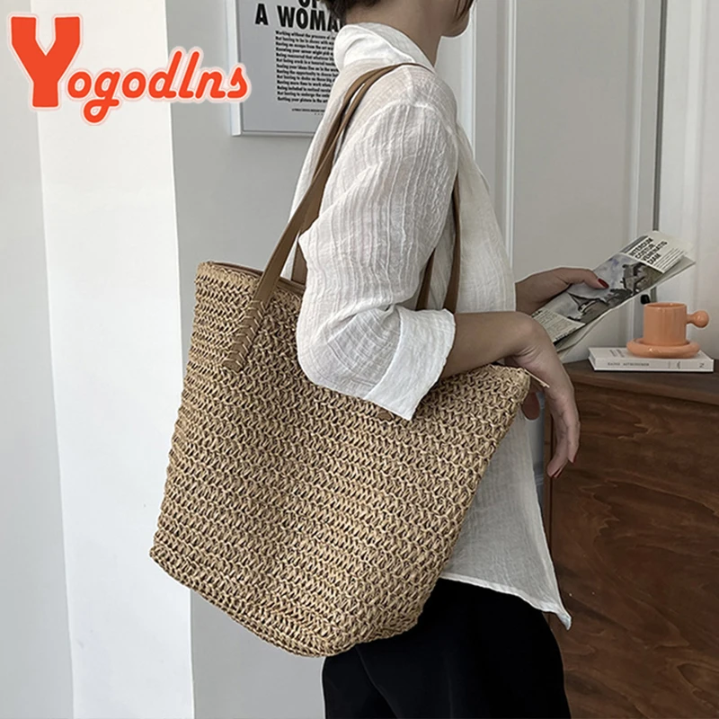Yogodlns Summer Woven Women Bag Large Capacity Rattan Shoulder Vacation Seaside Beach BagCasual Shopper Tote Fashion
