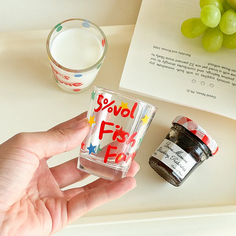 Letter Printed Glass Cup Wine Glasses,Cute Japanese Soju Glass,Thick Mini Whiskey Cocktail Glass Bar Wine Goblet Kawaii Cup Gift
