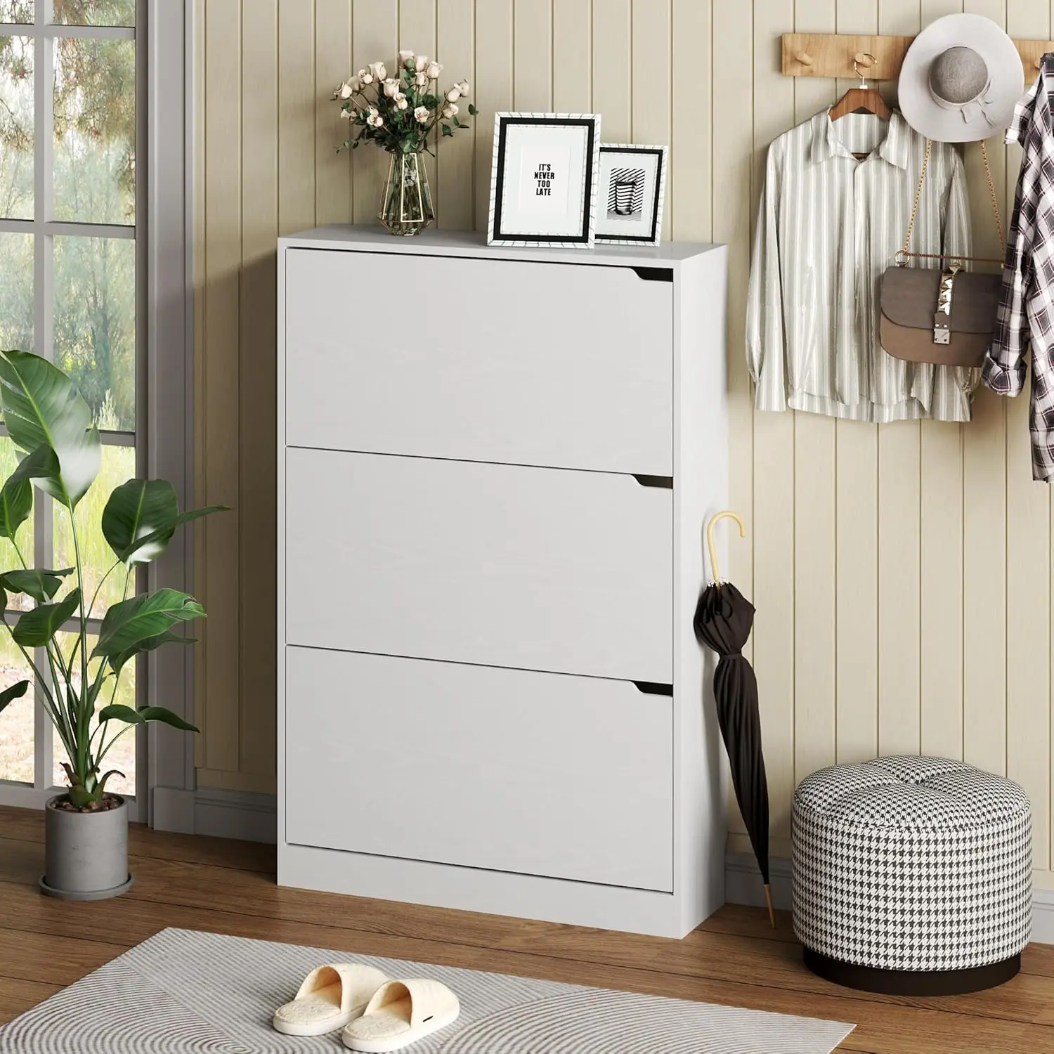 Shoe Cabinet with 3 Flip Drawers, Hidden Wood Shoe Cabinet,Freestanding Shoe Storage Cabinet for Entryway Hallway.White