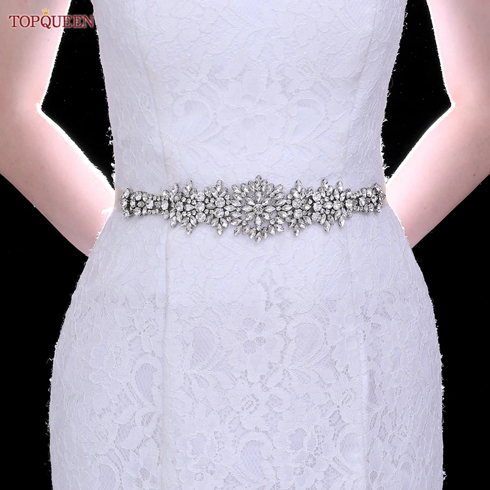 Bridal Waistband Bridal Dress Decoration TOPQUEEN S319 Rhinestones Wedding Belts Bride Dress Decorative Sash With Stones Jeweled Satin Ribbons Silver Gown Appliques