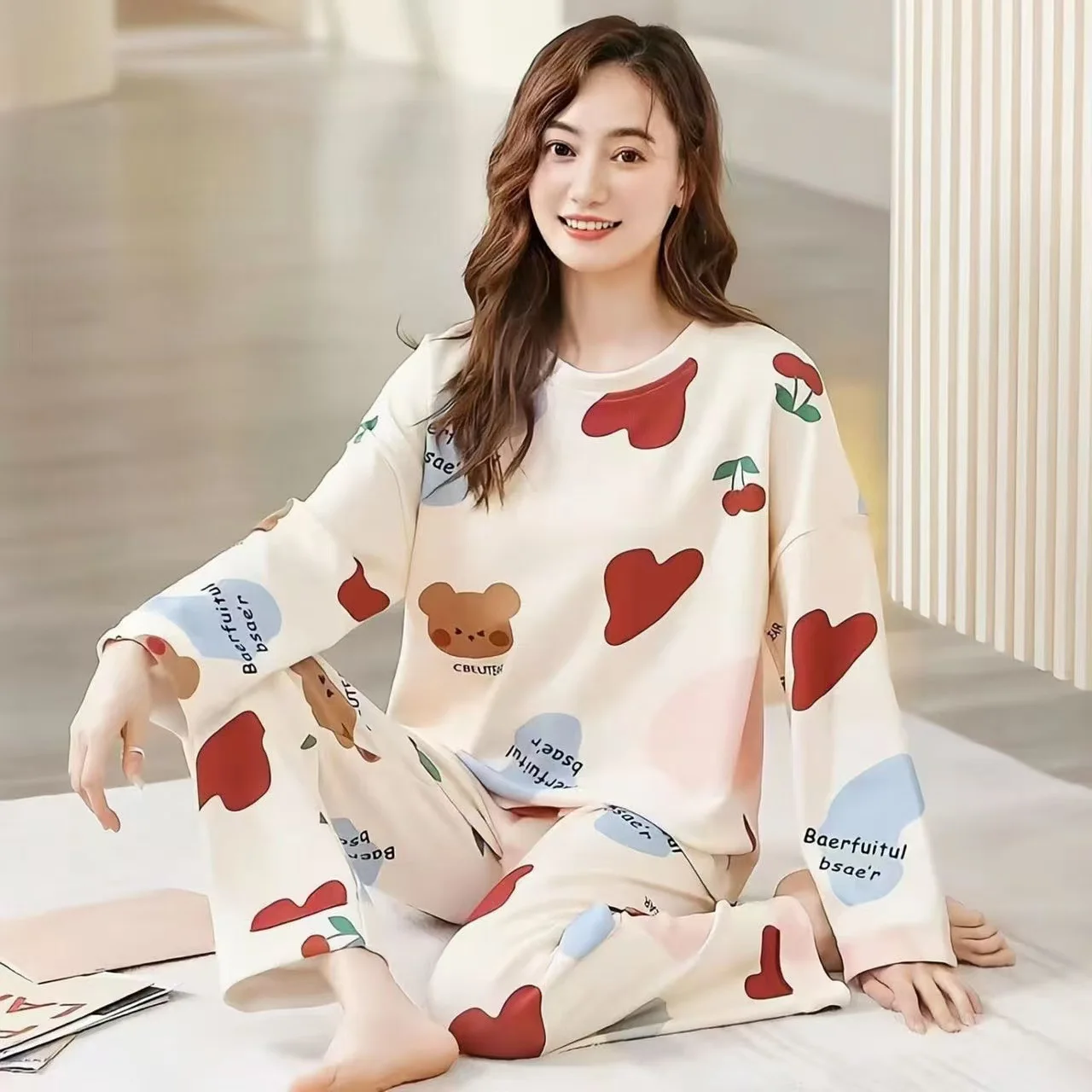 Pajamas Women Long Sleeve Pants Two-Piece Set Cute Sweet and Simple Student Homewear Crew Neck Pullover Long Pajamas Large Size