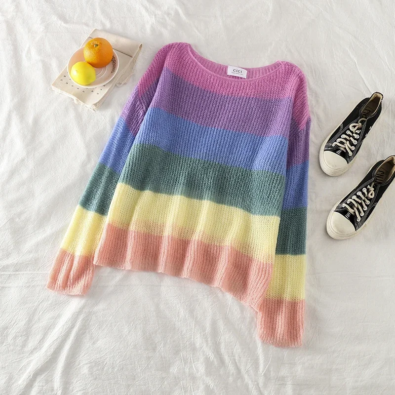 

Summer Women Rainbow Striped Sweater Long Sleeve O-Neck Knitted Pullovers Femme Colorful Harajuku Sexy Girls Top