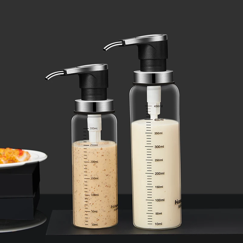 Condiment Squeeze Bottle 1pc Syrup Ketchup Vinegar Glass Sauce Press Bottle Pressure Nozzle Oyster Sauce Push Pump