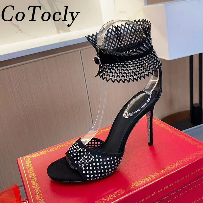 

Luxury Crystal Sandals Women Mesh Hollow Outs Stiletto Party Shoes Peep Toe Ankle Buckle Strap Summer High Heels Sandals Woman