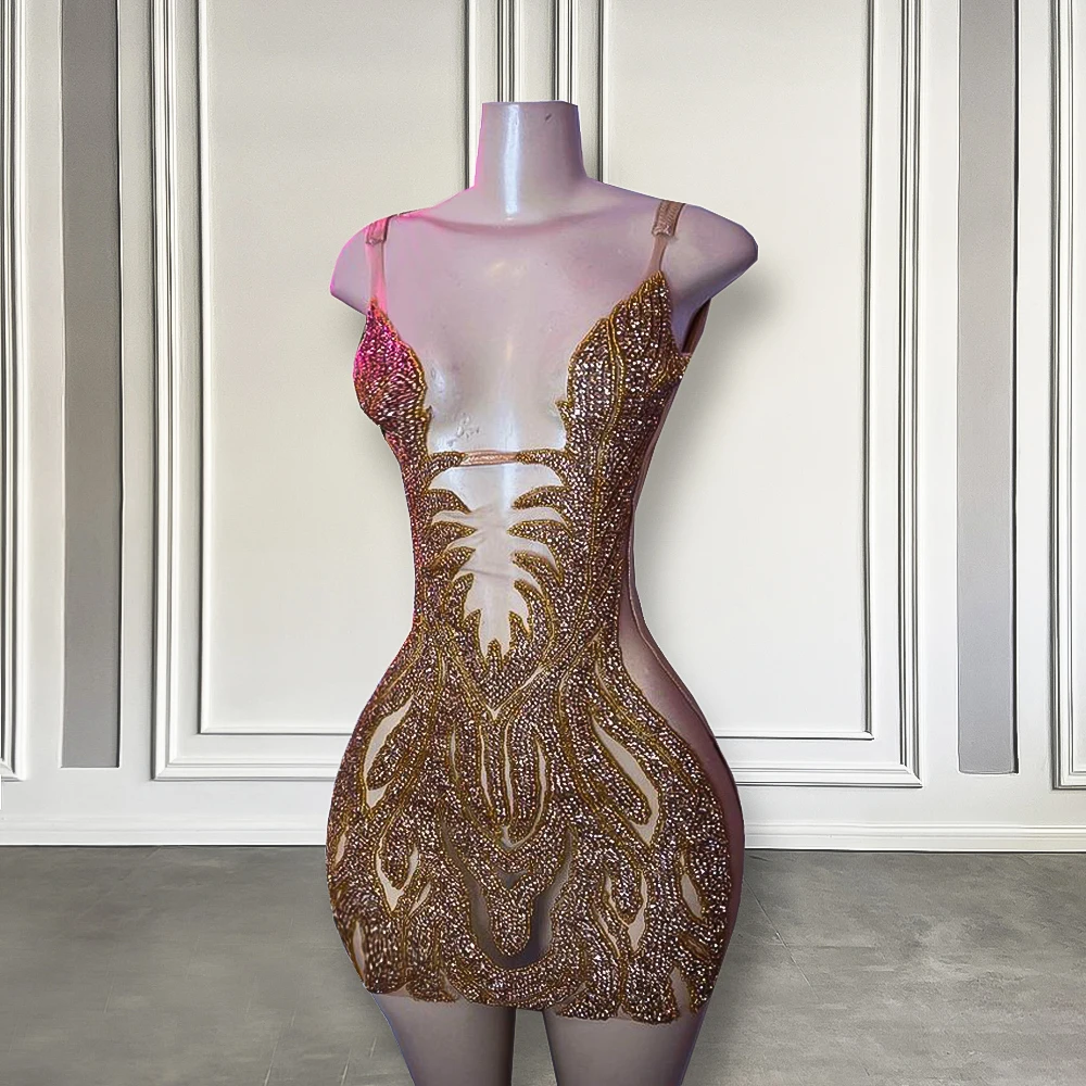 

Sexy Sheer See Through Sparkly Golden Diamond Black Girl Short Prom Dresses 2023 For Birthday Party