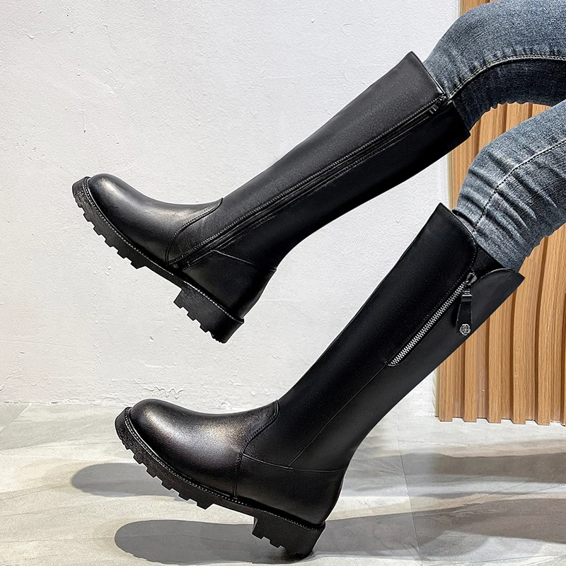 Women Knee Med Heel Boots Woman Zipper  Round Toe Boots-Women Over-the-Knee Autumn 2024 Lolita Rubber Ladies Rome PU Basic Fabri
