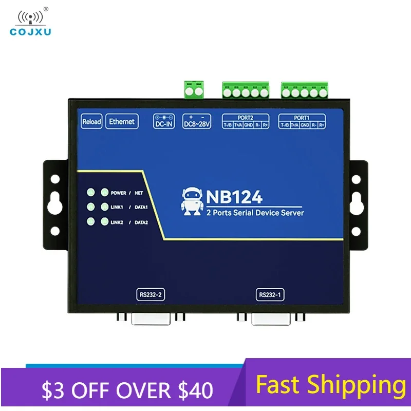 Isolated 2-Channel Serial Server RS232/422/485 RJ45 Modbus Gateway COJXU NB124 TCP/UDP/MQTT AT Command Build-in Watchdog