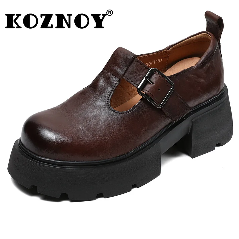 

Koznoy 6cm Ethnic Genuine Leather Mary Jane Hook Summer Fashion Round Flats Spring High Heel Women Platform Wedge Autumn Shoes
