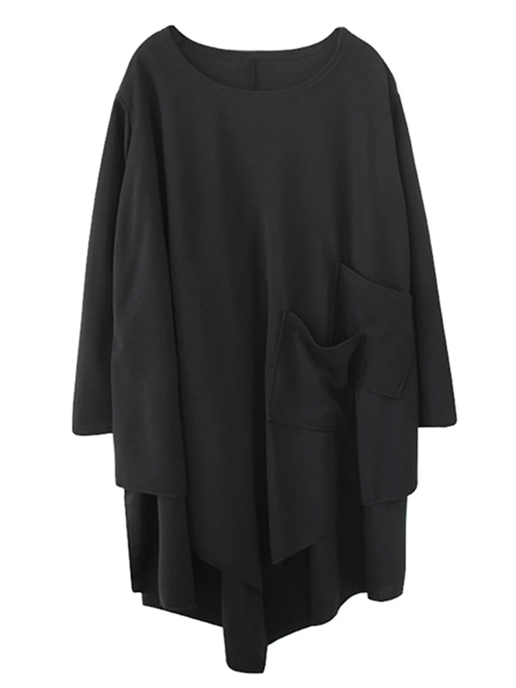 Black Vintage Irregular Dress Women Long Sleeve Pocket Casual Loose Mini Short Ladies Dresses Elegant Clothes Spring Autumn 2025