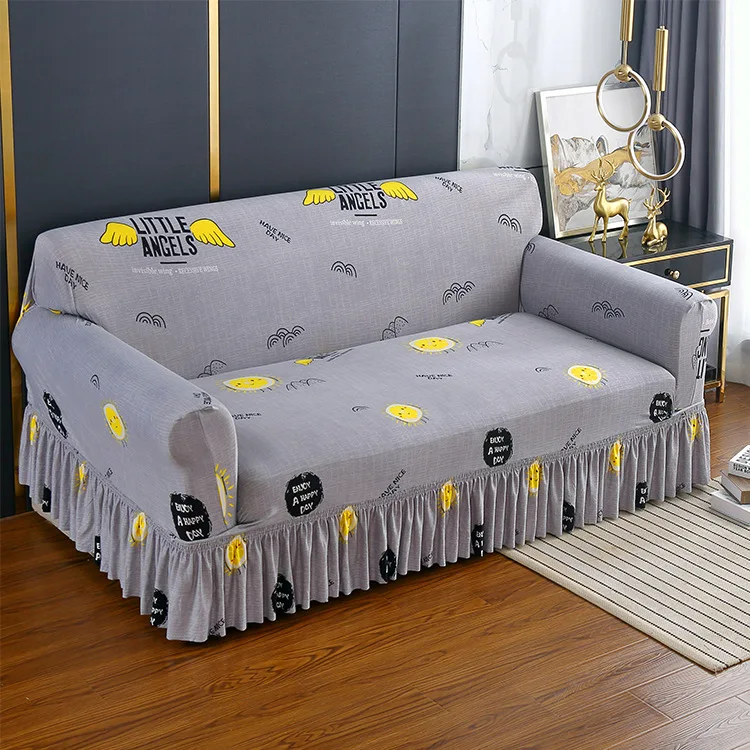 

Knitted Printing Elastic Sofa Covers For Living Room With Skirt Stretch Armchair Sofa Slipcover 1/2/3/4 Seater Corner Protector