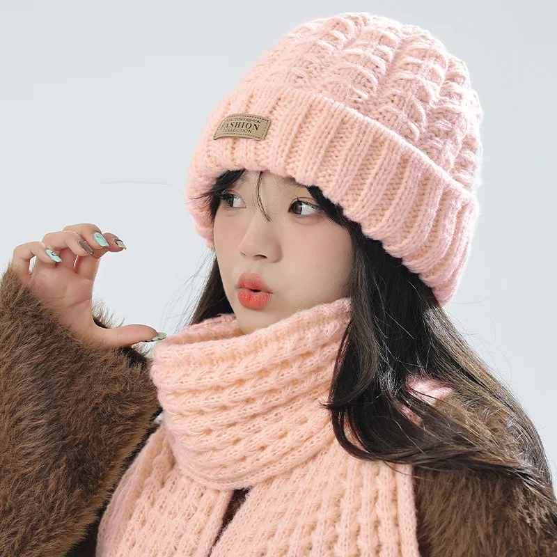 Knitted Hat Scarf Two-Piece Suit Women's Winter Warm Neck Guard Face Showing Face Small Wild Beanie