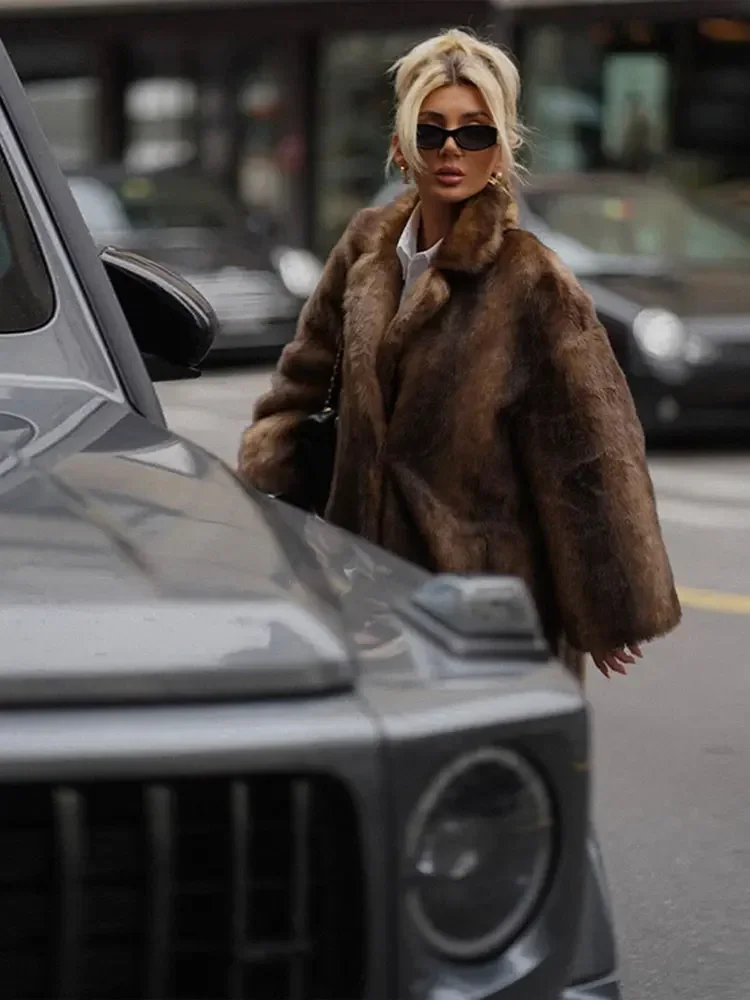 Women's Dark Brown Faux Fur Long Overcoat Single Breasted Fleece Long Trench Coat Winter Fluffy Plush Warm New Thicken Outerwear 4