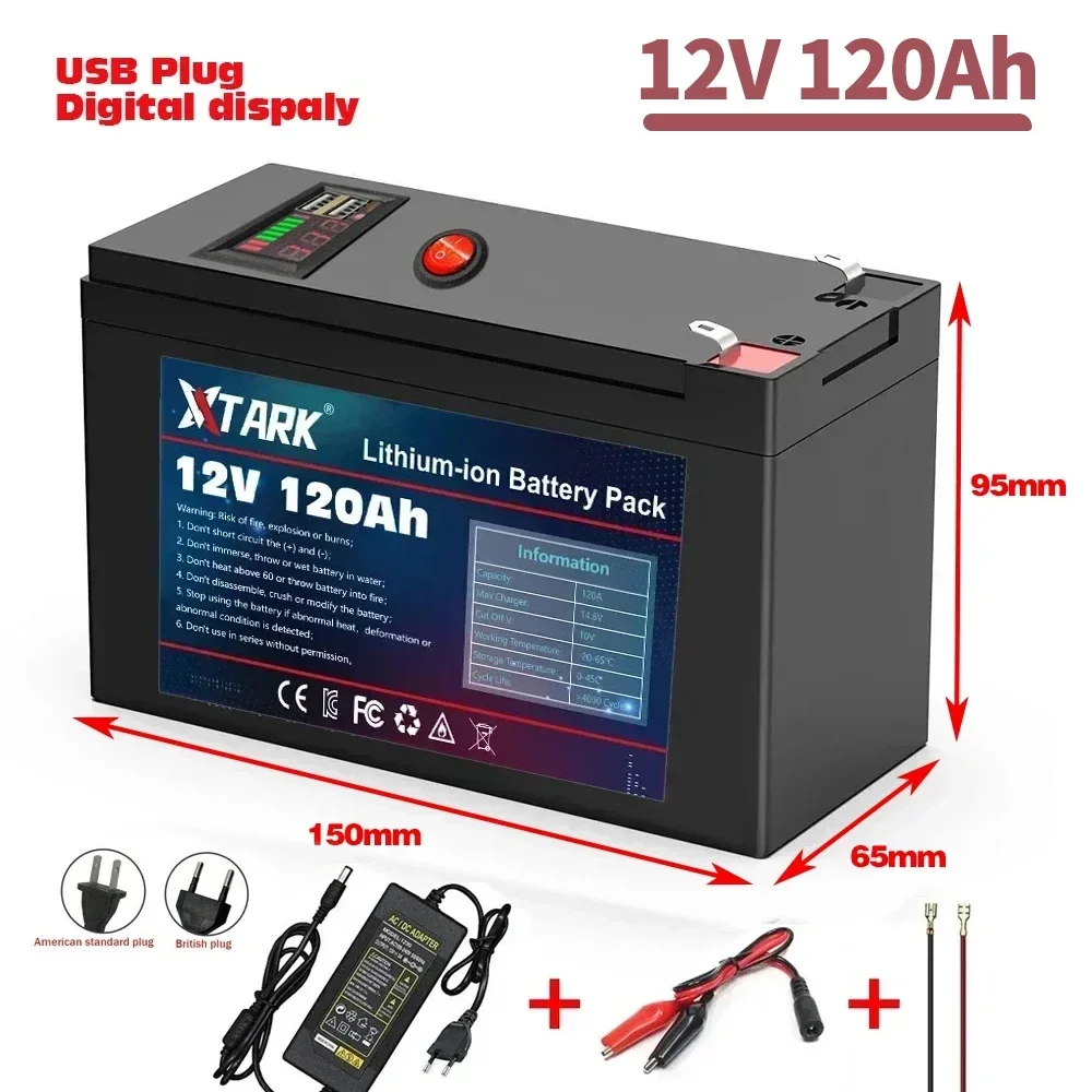 

New 12V 120Ah 18650 lithium battery for Solar Panels 30A built-in high current BMS electric vehicle battery +12.6V charger