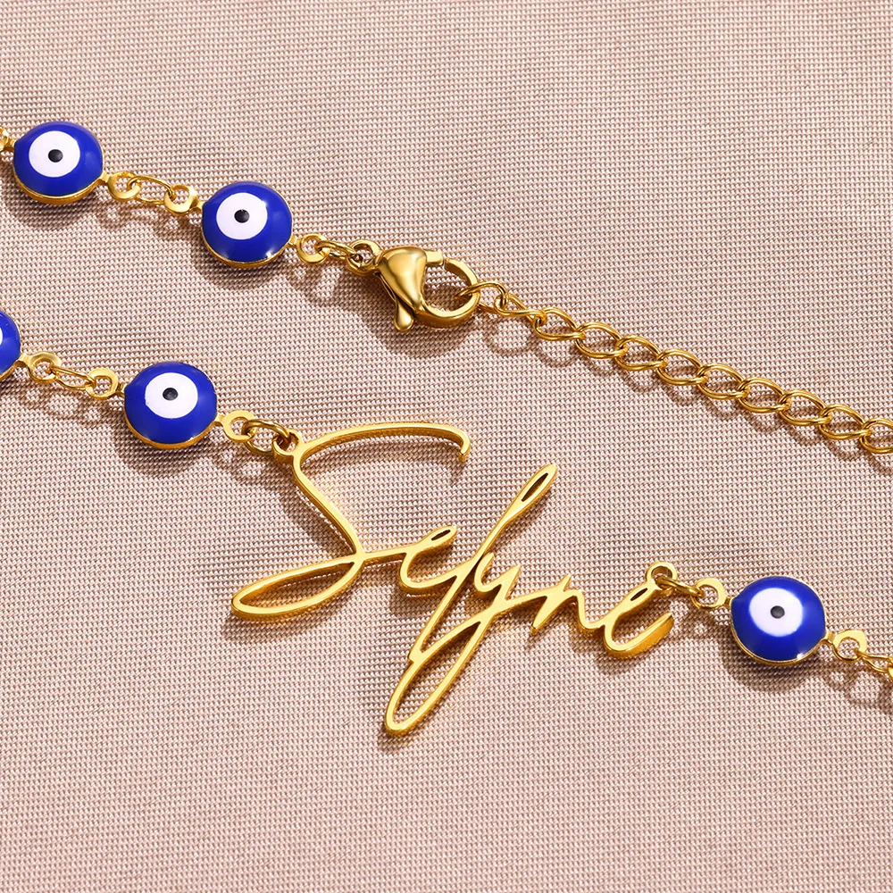 맞춤형 블루 이블 아이 이름 목걸이, 여성용 쥬얼리, 스테인레스 스틸 골드 컬러, 맞춤형 명판 부적 목걸이-Freehip.co.kr