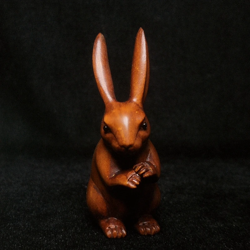 

Height 7 CM Japanese Boxwood Hand carved Long ears Rabbit Figure Statue Netsuke