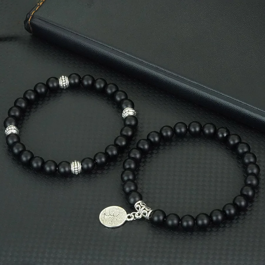 Men Lava Stone Tree Of Life Bracelet Set Yoga Meditation