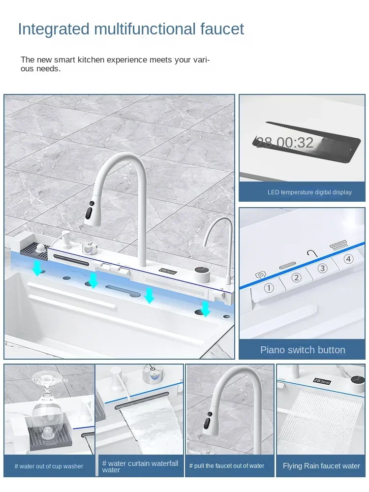 White flying rain waterfall sink integrated multi-functional large single slot 304 stainless steel vegetable washing sink 2