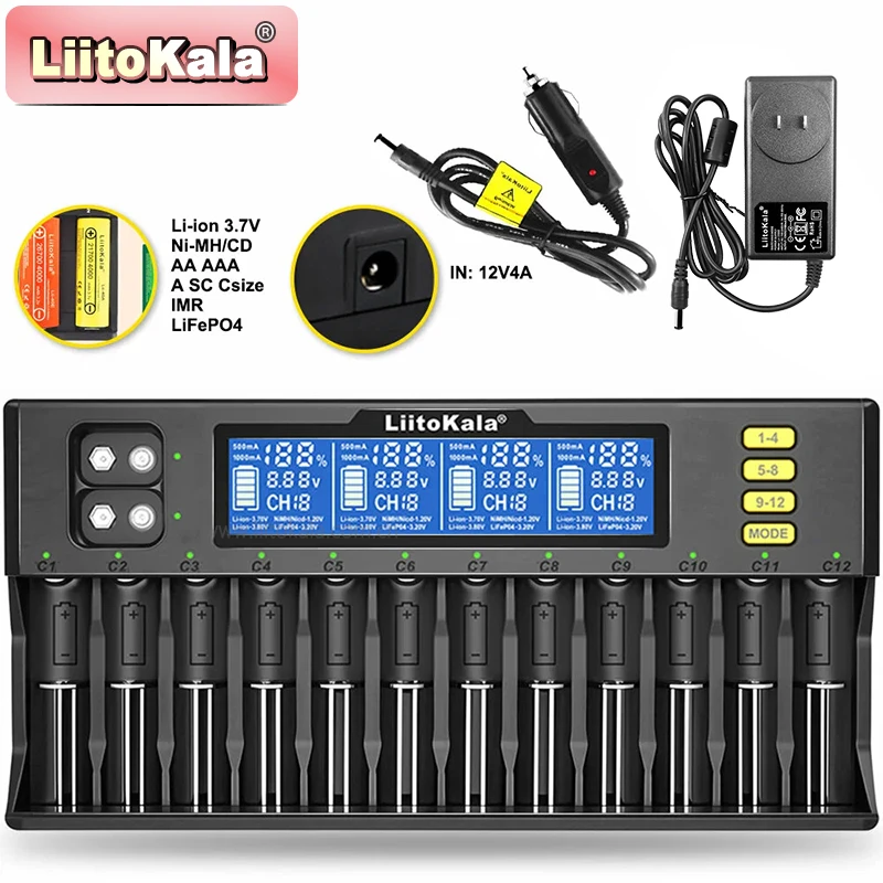 Battery Charger LiitoKala Lii-S12 Smart 12-Bay for AA AAA Ni-MH Ni-Cd Batteries with LCD Display Auto Detection Safety Protection