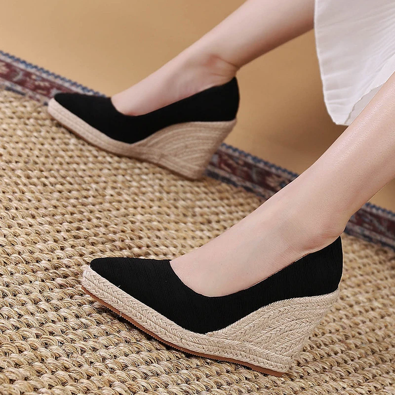 

New Spring Summer Shoes Women Platform 10cm Heels Ladies Wedge Retro Pointed Toe Hemp Shallow Casual Pumps Big Size 34-43 Beige