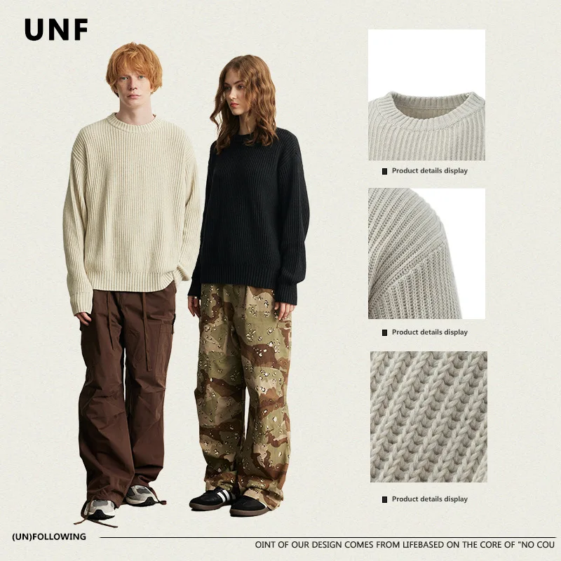 

2023 Autumn and Winter Cotton Loose Round Neck Sweater Pullover Solid Color Couple Knitted Top