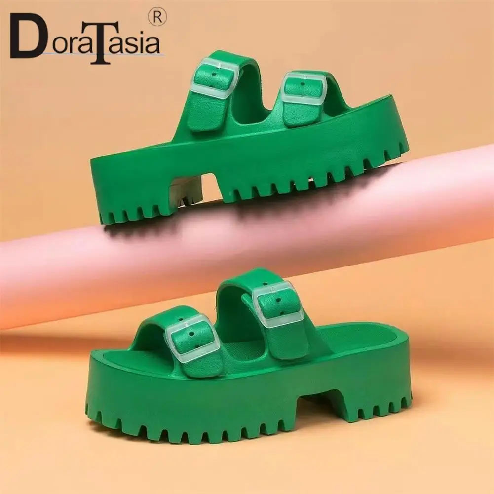 

Brand New Ladies Platform Summer Slides Fashion Buckle Solid Chunky Heels women's Slippers Casual Outdoor Indoor Woman Shoes