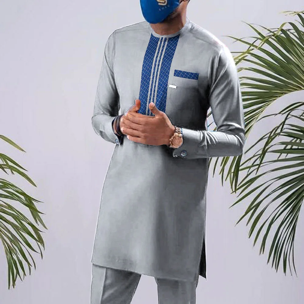 Luxury Men's New Suit Two-piece Pants Suit Solid Color patchwork Crew Neck Long Sleeve Party African Men's Ethnic Style (M-4XL)