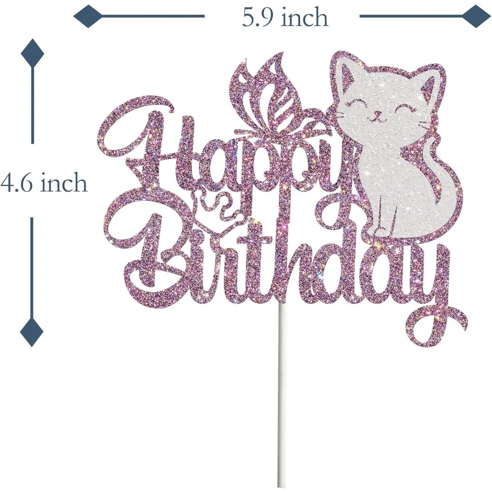 Lila funkelnde Katze alles Gute zum Geburtstag Kuchen Schmetterling Kuchen Kätzchen Haustier Thema Geburtstag Hochzeit Party Kuchen Dekoration – Detail 2