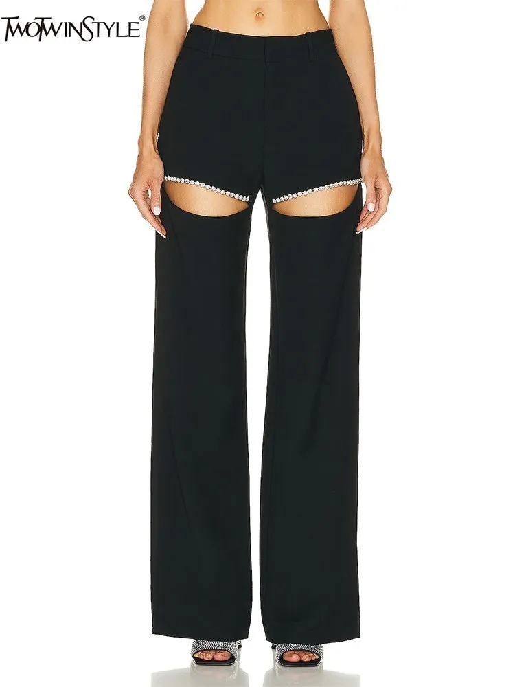 

BabYoung Solid Wide Leg Pants For Women High Waist Hollow Out Spliced Diamonds Loose Straight Pant Female Fashion Clothing