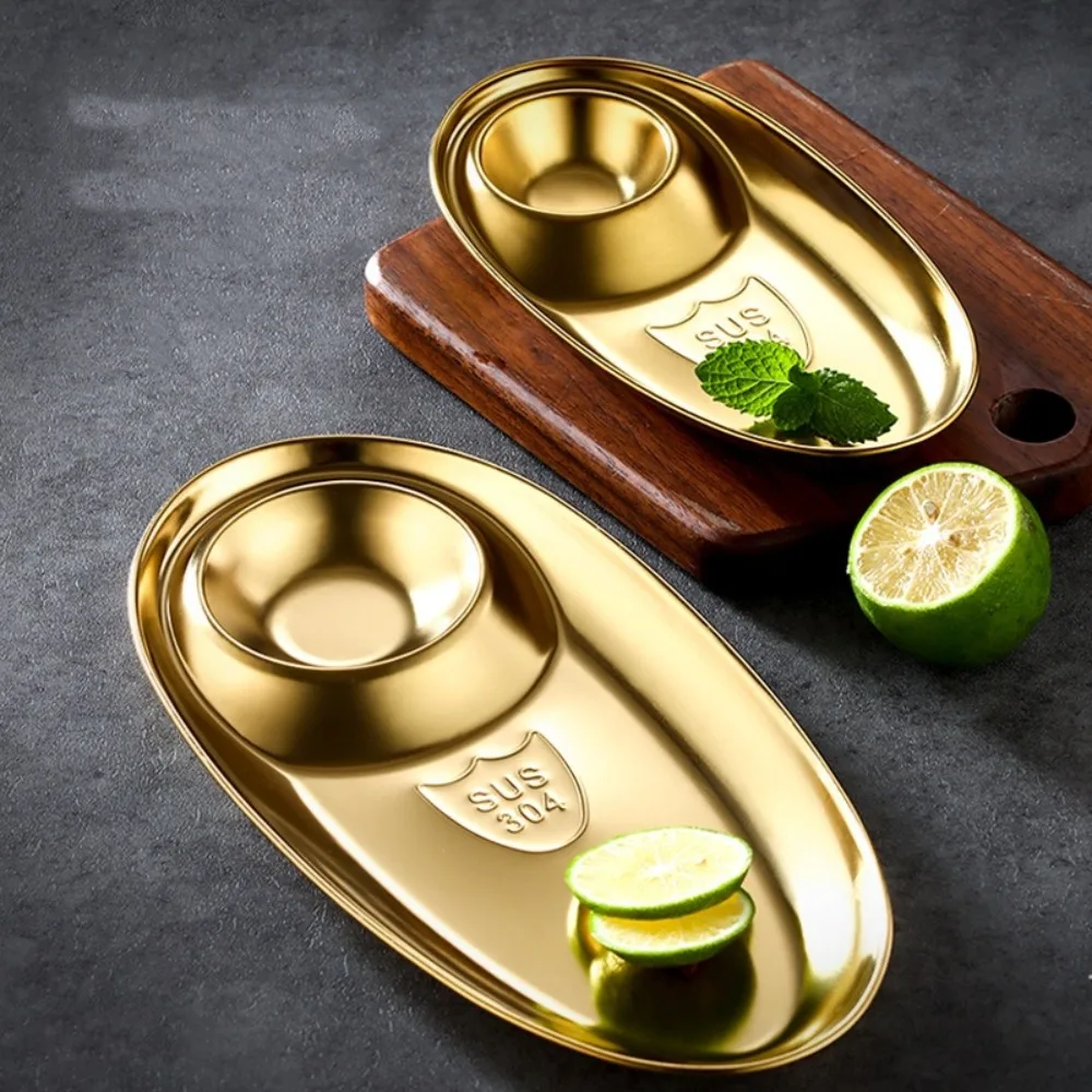 New Oval 304 Stainless Steel Tray Golden Kitchen Tableware Dipping Snack Dish Dumpling Plate French Fries