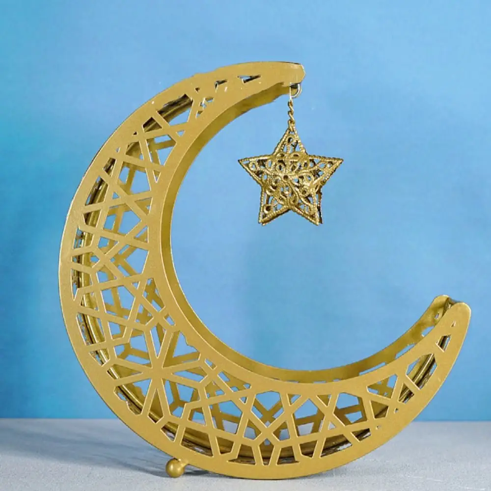 

Iron Art Eid Mubarak Snacks Storage Tray Hollow Crescent Shape Ramadan Dessert Tray Erective with Star Pendant