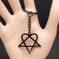 Heartagram Star Heart Key Ring - Stainless Steel Silver Keychain & Bag Charm Jewelry Gift (K618 - black)
