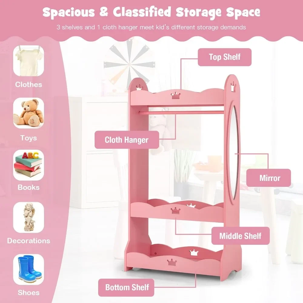Children's Wardrobes,Kids Dress up Storage Wardrobe,Toddler Armoire Dresser Wardrobe w/Mirror & Cloth Hanger,Cute Crown Patterns 4