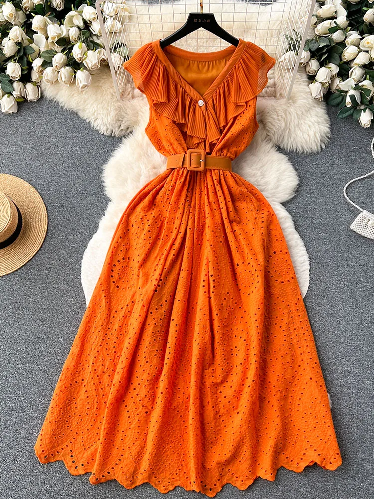 

Women Summer Vestidos Korean French Elegant Lace Up Waist Design with Ruffle Edge Panel Hollow Out Embroidery Dress D5520