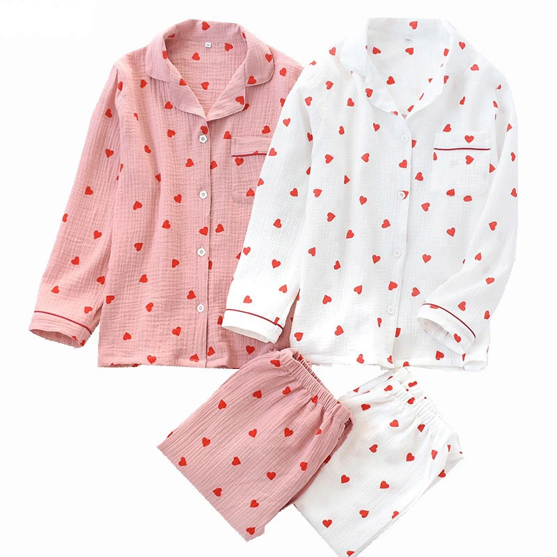 Spring New Ladies Pajamas Set Heart Printed Crepe Cotton Double-layer Gauze Turn-down Collar Long-sleeve Trousers Household Wear cotton pjs