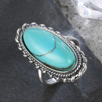 Vintage Sterling Silver 925 Big Stone 11*25mm Natural Turquoise Ring Retro Design Fine Jewelry Gifts Finger Ring For Women 1