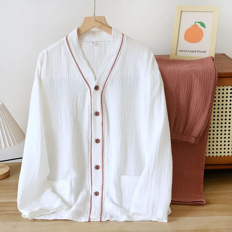 

Women's Cotton Pajamas Set Crepe Cotton Long-sleeved Homewear V-neck and Long-sleeved Pants Two-piece Thin Suit for Autumn/Fall