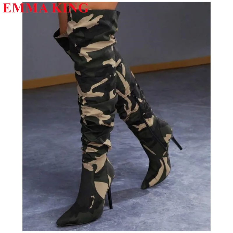 

Pleated High Heels Camouflage Thigh High Boots for Women 2023 Autumn Over The Knee Boots Woman Thin Heeled Long Botas Feminina