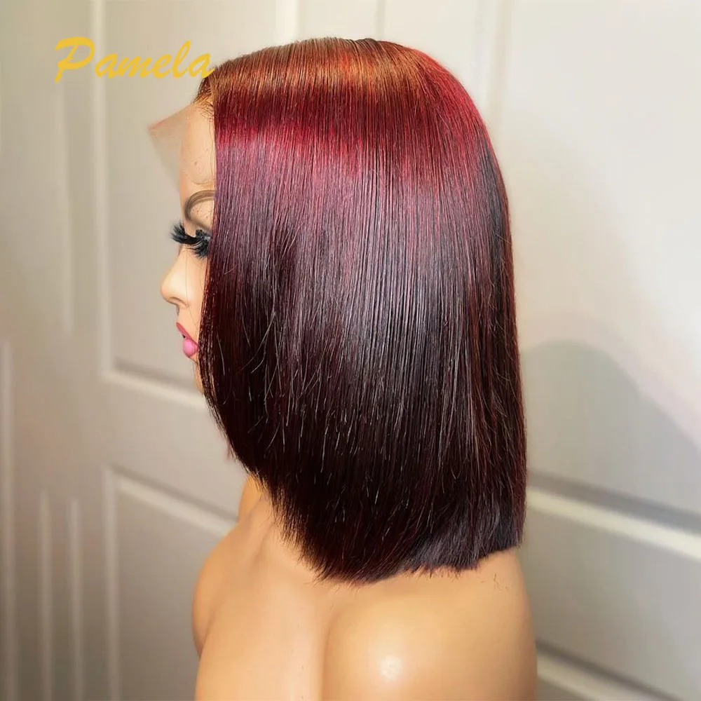 Short Bob Bone Straight 9x6 Transparent Lace Closure Wig Ombre 1b Burgundy Blonde Colored Human Hair Glueless Wig Ready To Wear