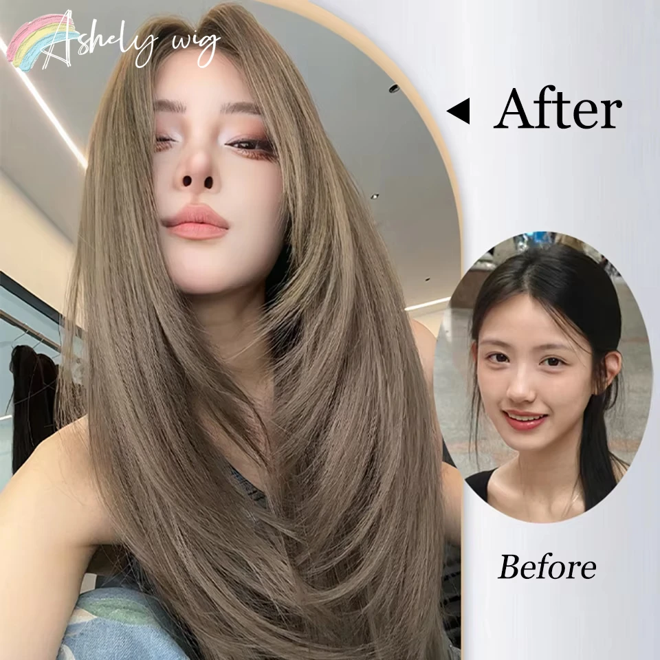 Green Brown Wig for Women Long Straight Hair Wig for Daily Use 24inch Hierarchical Cosplay Synthetic Wigs Pelucas De Mujer 가발