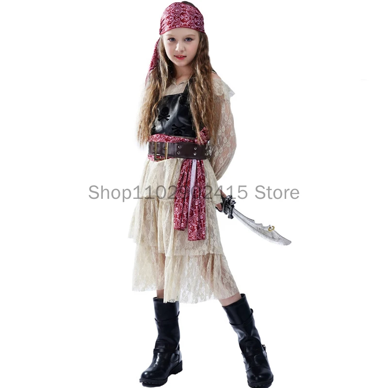 Medieval Kids Girls Cosplay Children Lace Pirate Skirts Costumes Halloween Carnival Dress Up Outfits Party Birthday Fancy Dress
