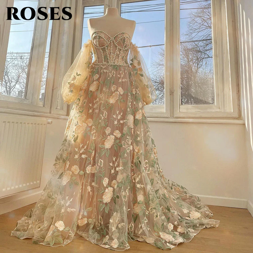 

ROSES Embroidery Lace A-Line Prom Dress Sweetheart Puff Sleeves Pearls Corset Lace Up Formal Party Gowns with Long Train Beading