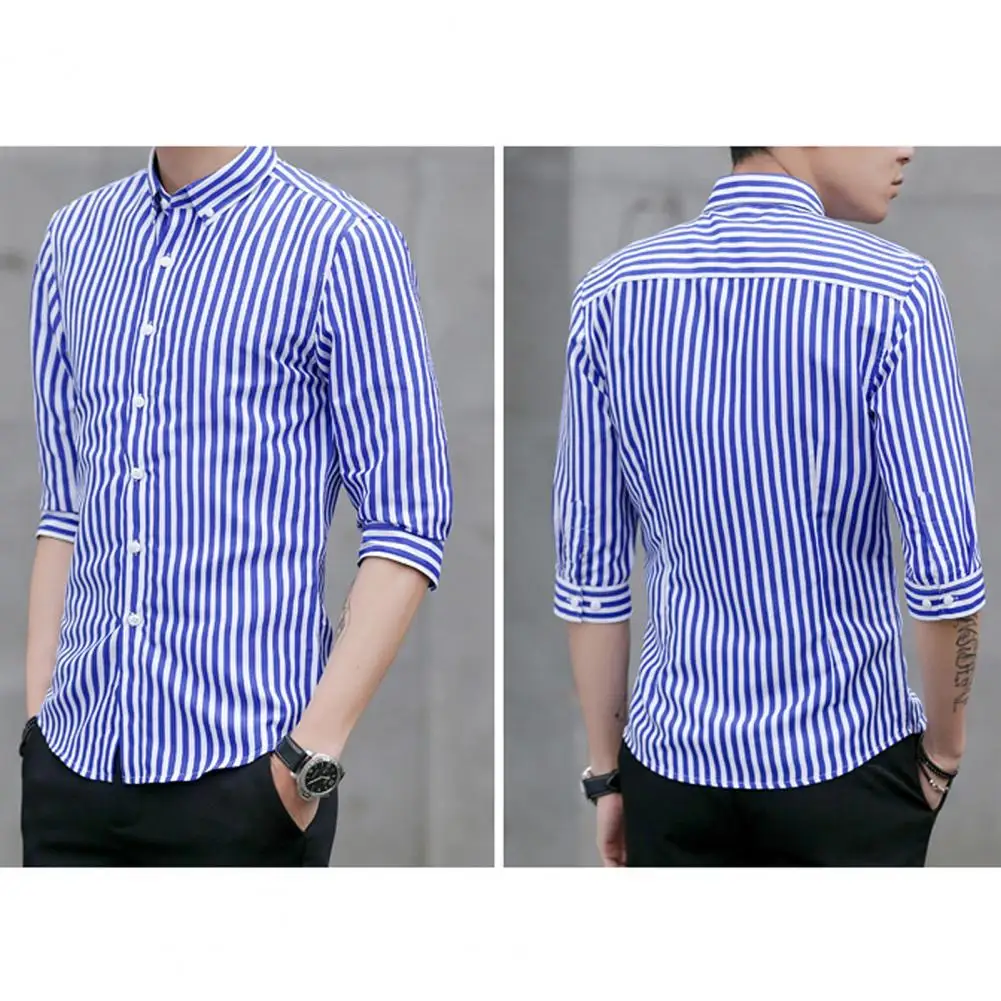 

Рубашка мужская деловая, стильная блуза в полоску, свободного кроя, с рукавом три четверти, в офисном уличном стиле