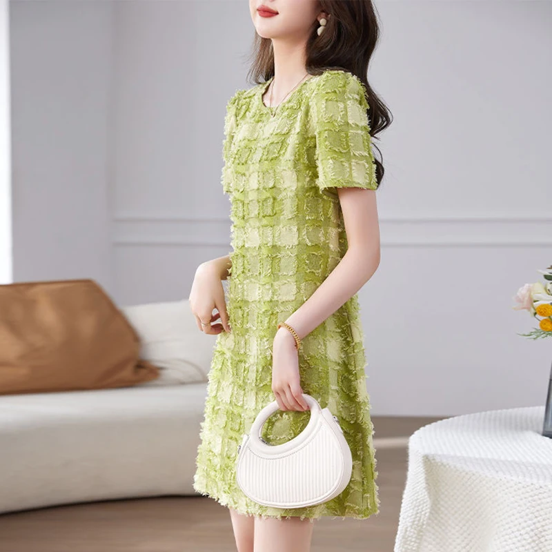 Fashion O-Neck Loose Plaid Short Sleeve Dress Women's Clothing 2024 Summer New Short Sleeve Office Lady Princess Dress